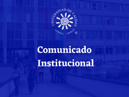 Imagen de fondo azul con el logo de la Universidad de Caldas y dice: Comunicado institucional