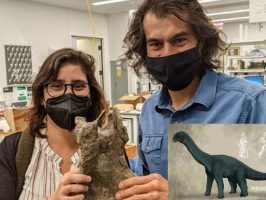Estudiantes y funcionarios con un fósil de dinosaurio