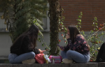 La imagen muestra dos muejeres estudiantes de la Universidad de Caldas sentadas en el parque del campus mirandose una a la otra