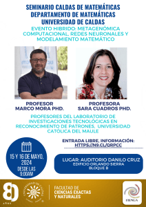 Afiche promocional del evento híbrido de Metagenómica Computacional que se realizará este miércoles 15 de mayo y jueves 16 de mayo en el auditorio Danilo Cruz de la U. de Caldas, a partir de las 9:00 a.m.