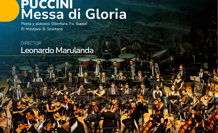 Afiche promocional del gran concierto que ofrecerán en Manizales la Orquesta Sinfónica de Caldas y el Coro Nacional de Colombia, en homenaje al natalicio de Puccini y Smetana, dos grandes de la música universal. El concierto será el próximo 6 de junio