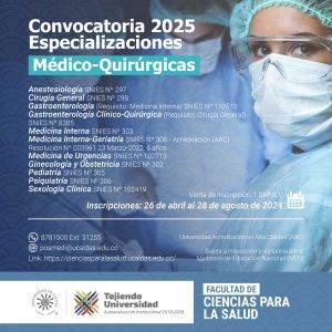 Afiche promocional de las convocatorias abiertas para 12 especializaciones médico-quirúrgicas, que oferta la U. de Caldas.