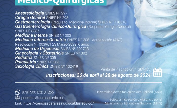 Post_Convocatoria Especializaciones Médico - Quirúrgicas 2025 (3) Afiche promocional de las convocatorias abiertas para 12 especializaciones médico-quirúrgicas, que oferta la U. de Caldas.