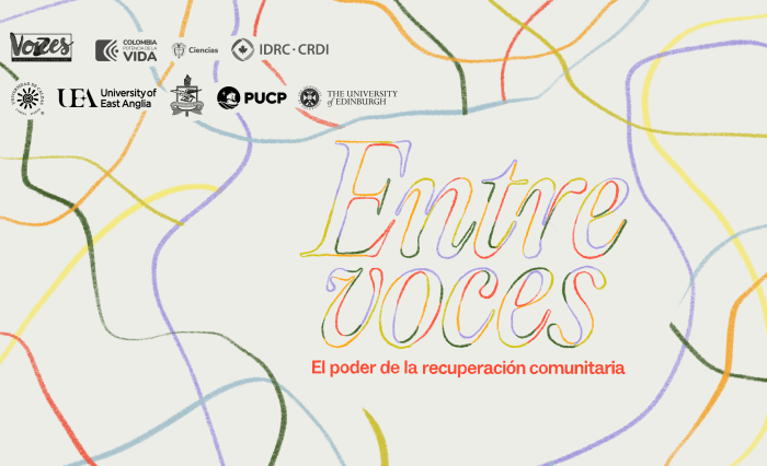 Afiche promocional del evento Entre Voces, donde se darán a conocer los resultados de una investigación con comunidades vulnerables que han desarrollado acciones para salir de sus crisis.