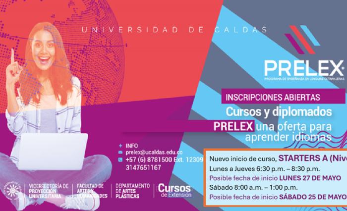 Afiche promocional de Prelex, cursos de inglés, francés, italiano y portugués que se orientan en la U. de Caldas. Tienen inscripciones abiertas