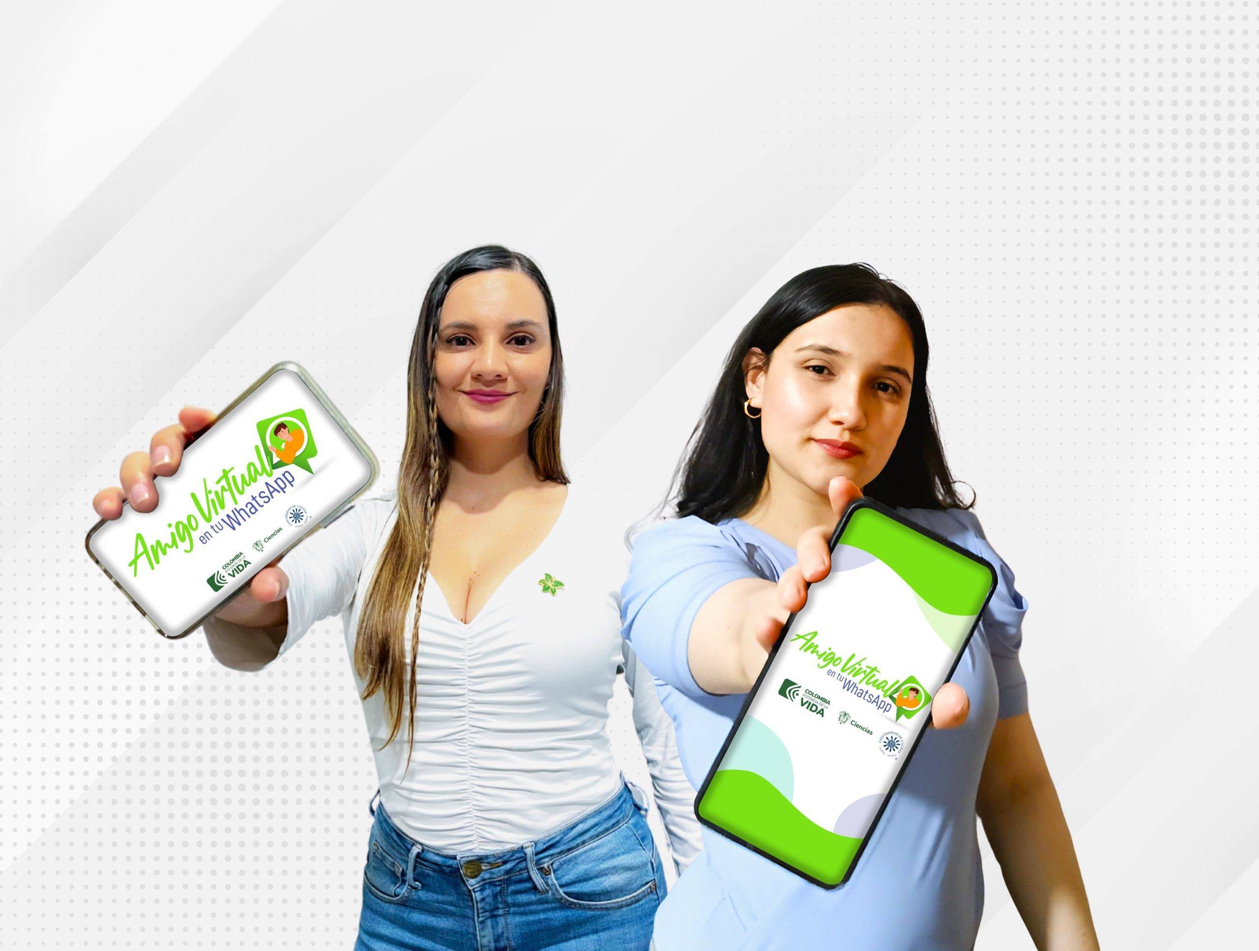 Proyecto de la Facultad de Ciencias para la Salud de la UDC: “Un amigo virtual en tu WhatsApp" invitado a la Gala Xpoilers 2024. En la imagen se ven dos estudiantes sosteniendo un celular que presenta el chat bot "Un amigo virtual en tu whatsApp".