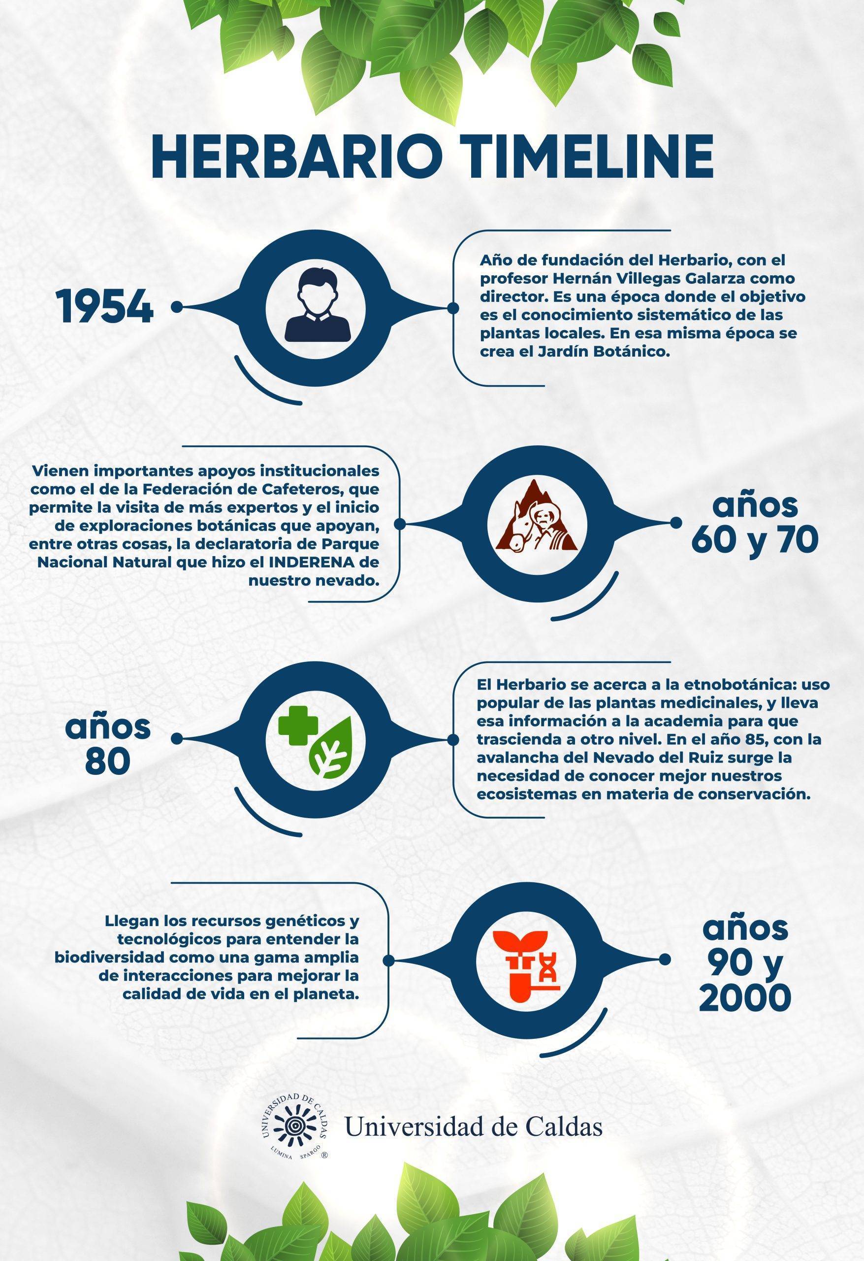 Herbario celebra sus 70. en la imagen se ve la infografía con la línea de tiempo que ha atravezado el herbario de la U. de Caldas